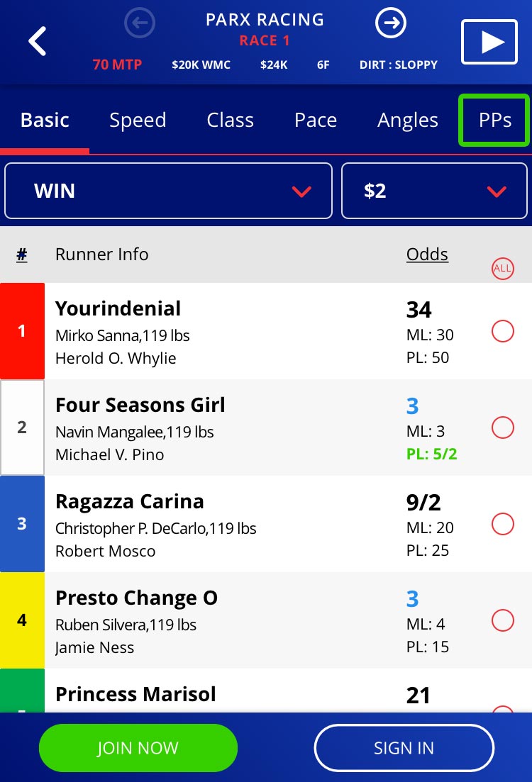 Finding past performances for MOBILE on BetAmerica Horse Racing